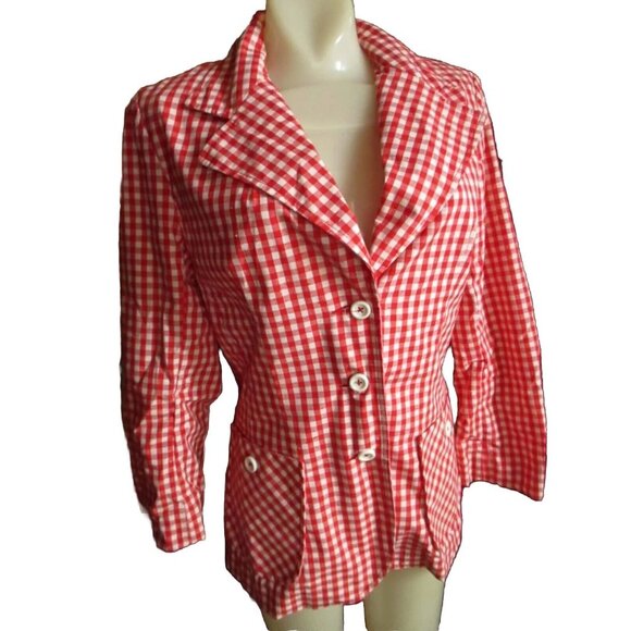 Medium Vintage Boho Blazer 1970's JH Jacket Womens Red White Checkered Cloth - Picture 2 of 5